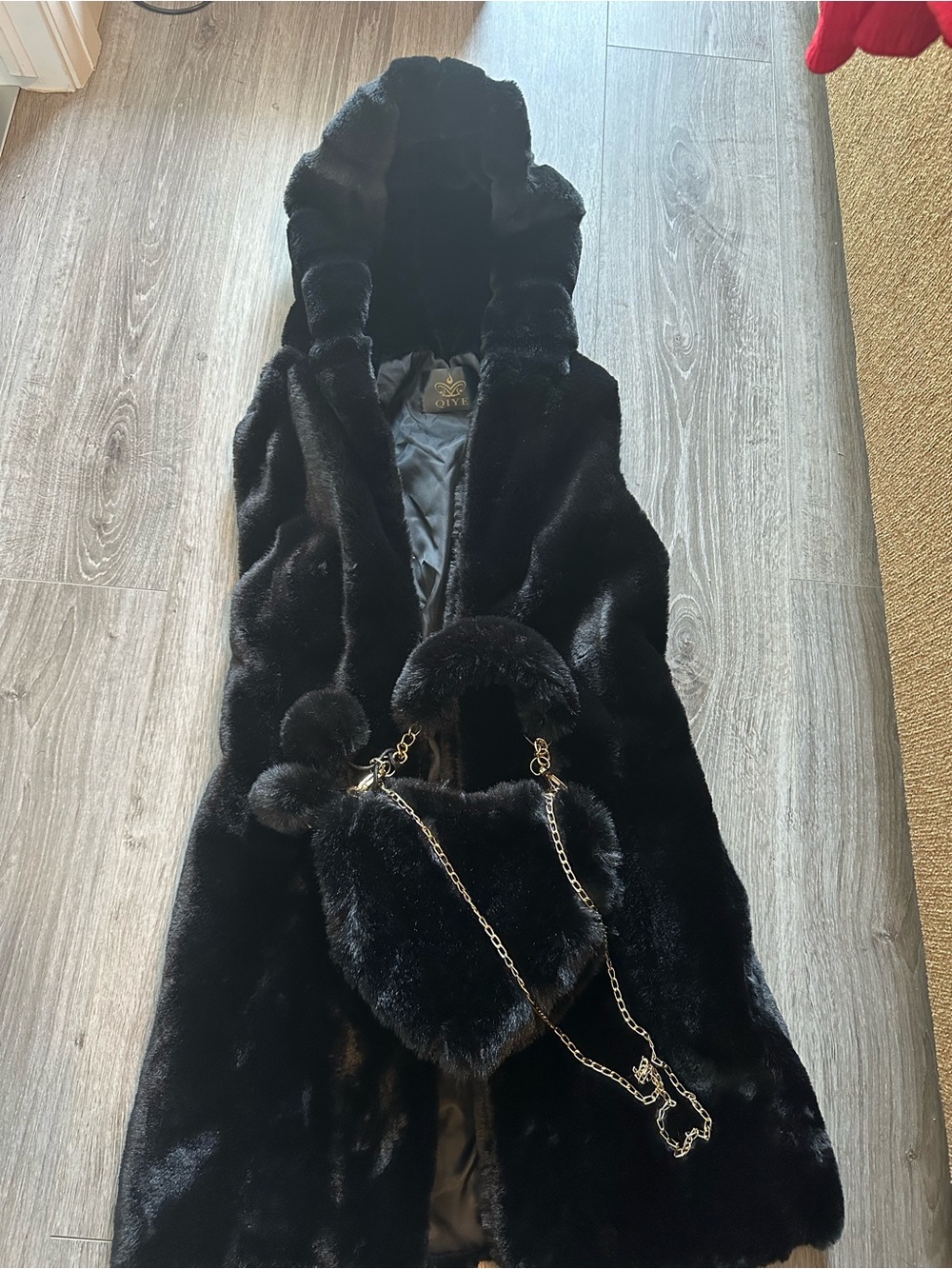 QIYE Black Faux Fur Hooded Coat with Matching Heart Bag